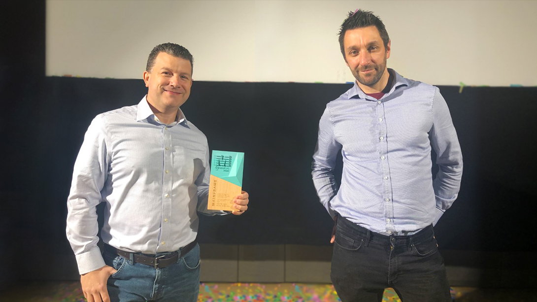 Directors Keith Cox and Chris Hotham collecting the Mainframe Award for Putting Derby / Derbyshire on the Map. Image credit: Mainframe.